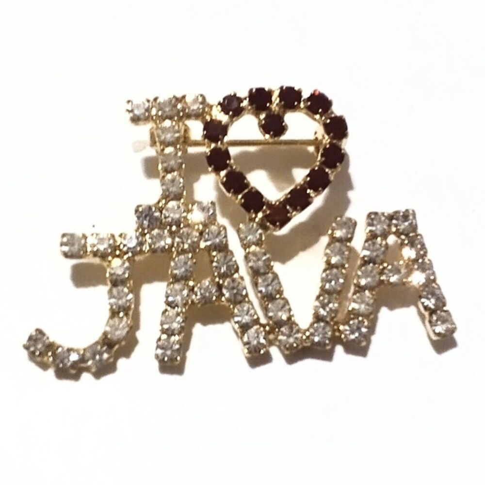 Vintage "I Heart Java" Prong Set Rhinestone Brooch - Picture 2 of 5